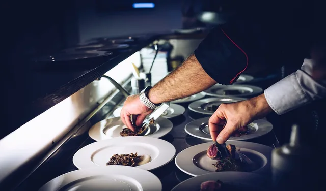 chef, cook, plate, dish, meat, preparing, desert, hands, nature, watch, kitchen, blue kitchen, blue cooking, blue desert, blue meat, blue watch, blue chef. Restaurant ventures examples: what a famous name does