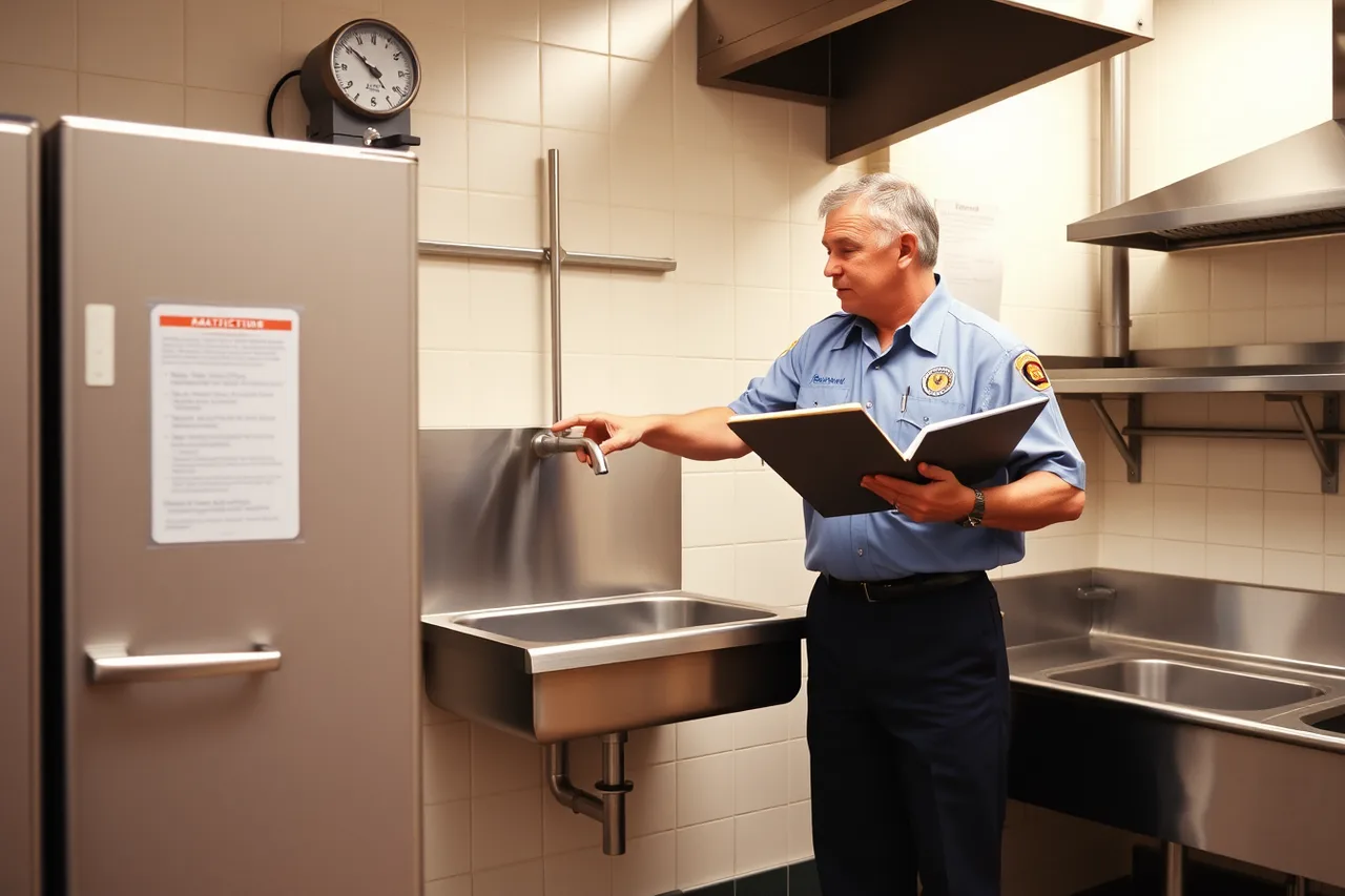 Health inspector checking a commercial kitchen hand sink during inspection (Los Angeles restaurant licensing rules for celebrity chefs)