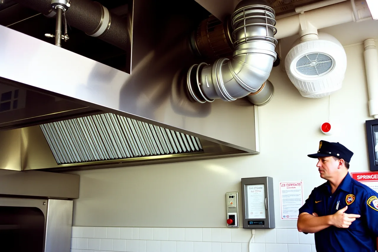 Fire inspector examining a commercial kitchen hood and duct system (Los Angeles restaurant licensing rules for celebrity chefs)